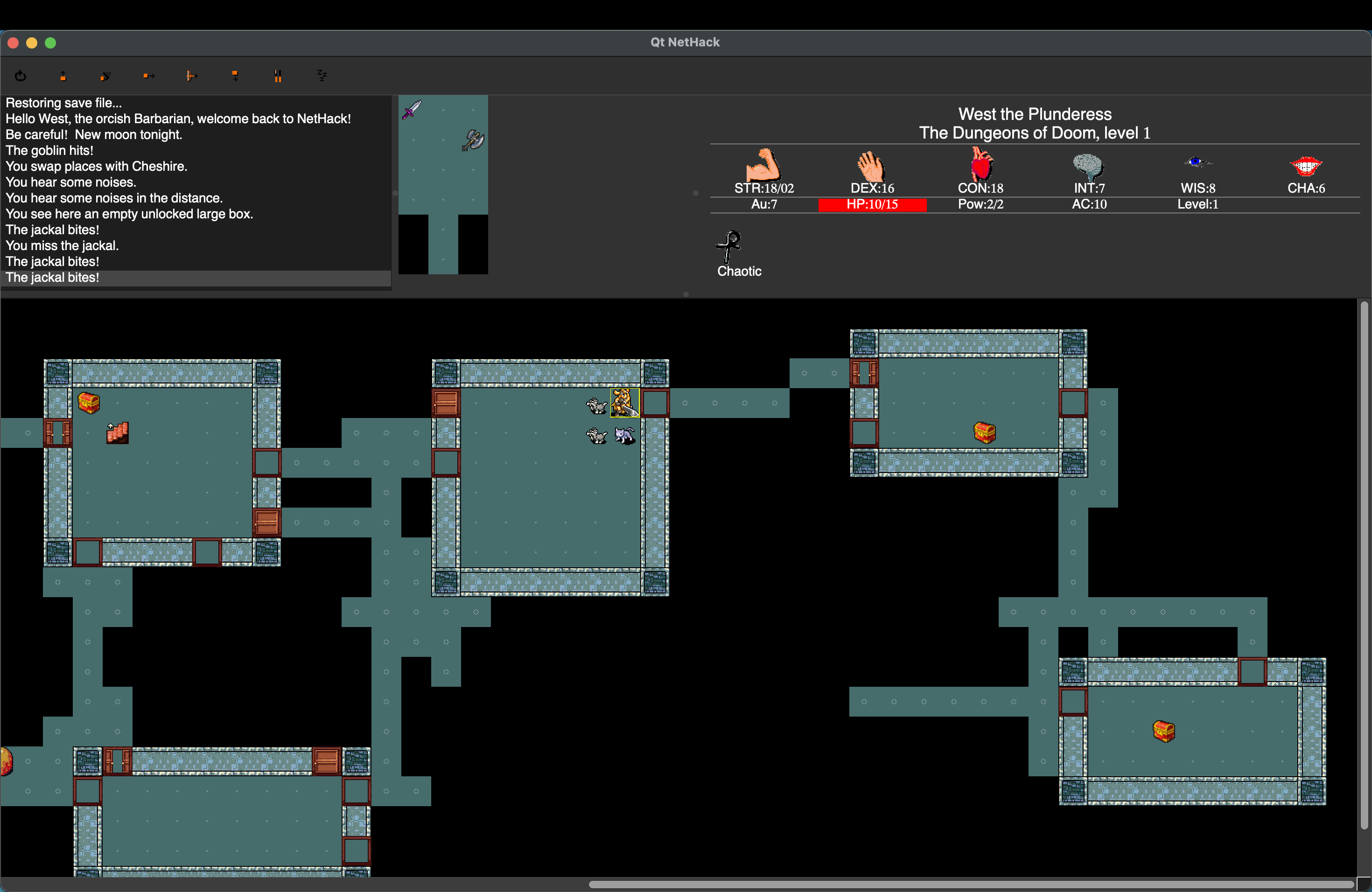 Screenshot of a session of Nethack Qt