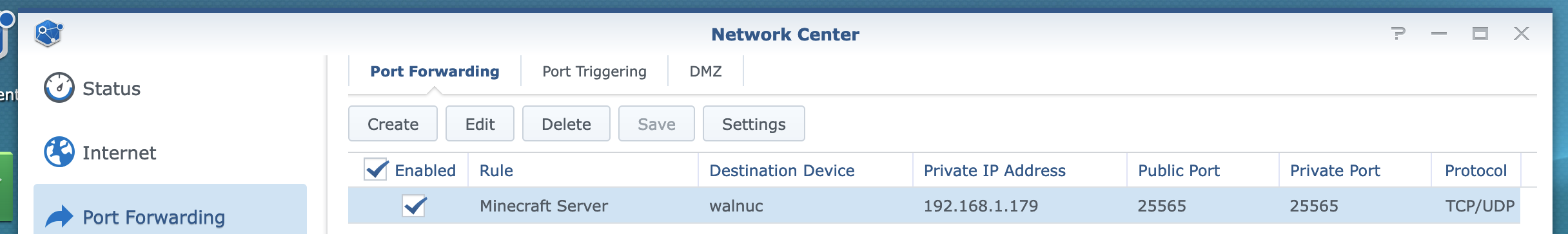 Screenshot of port forwarding system settings in Synology Router